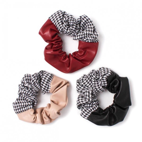 Faux Leather & Check Print Scrunchie
