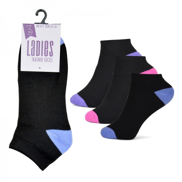 Ladies 3pk Black Trainer Sock Heel/toe (12)