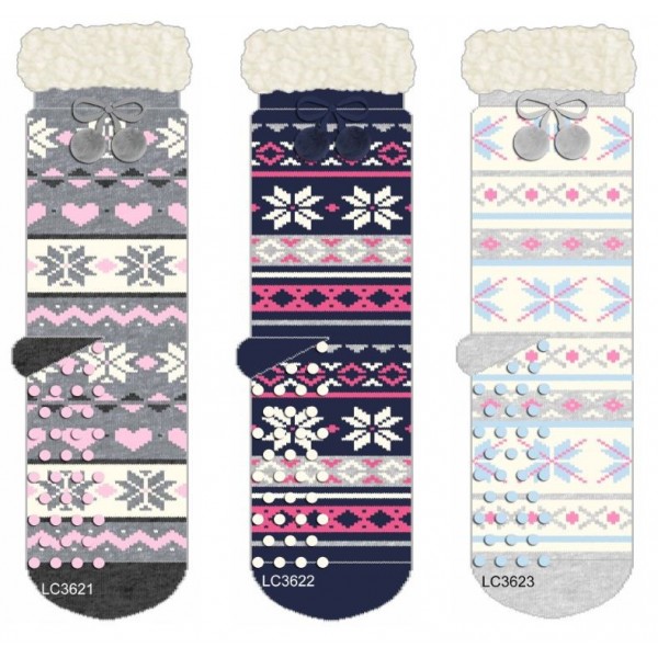 Ladies Fairisle Lounge Socks Sherpa Lined & Gripper