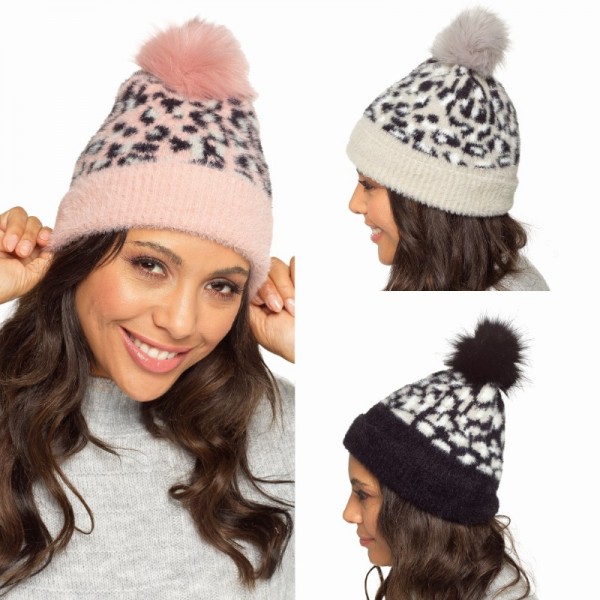 Ladies Furry Animal Print Hat With Bobble