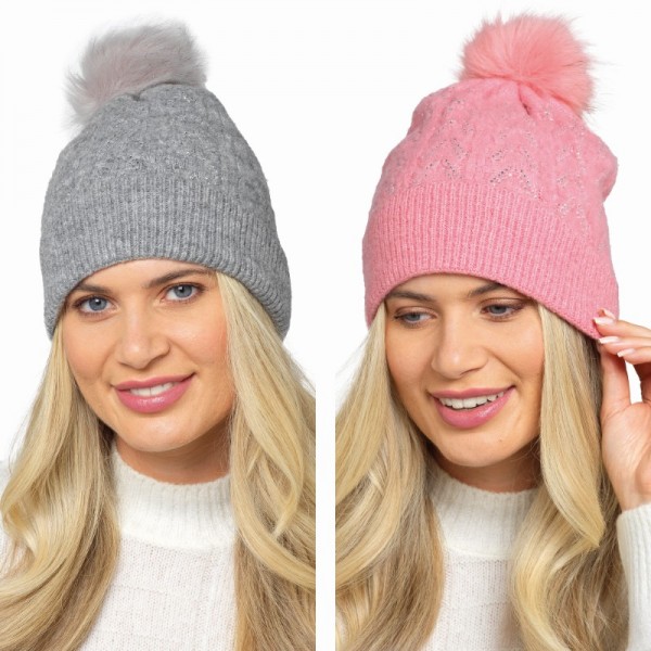 Ladies Cable Knit Hat With Diamante & Pompom
