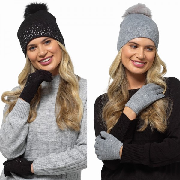 Ladies Hat With Pompom & Gloves Set With Diamantes (12)