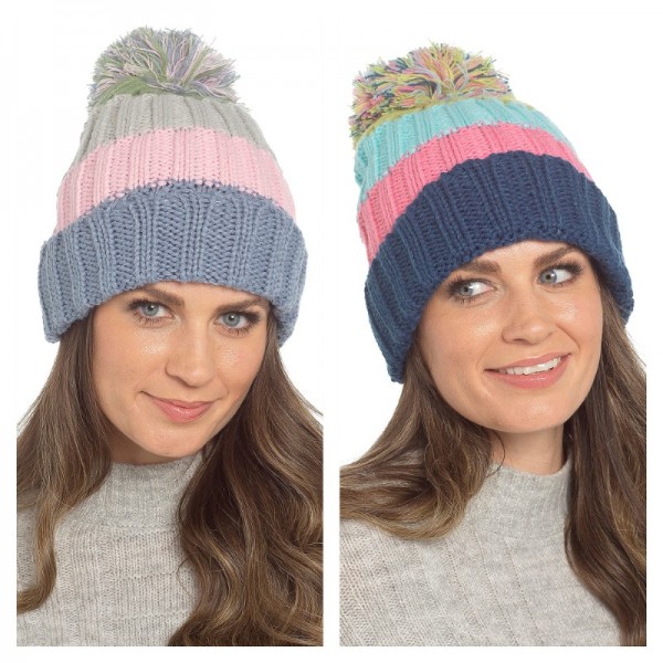 Ladies Knitted Stripe Beanie Hat With Sherpa Lining & Pompom