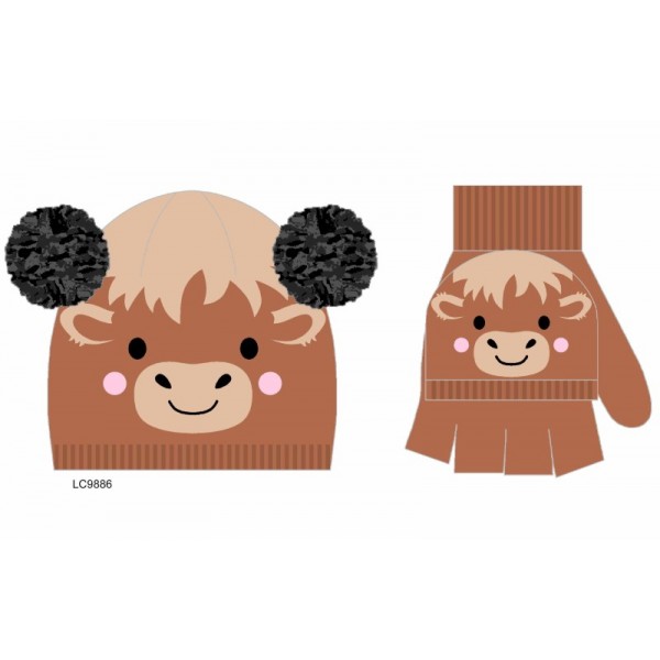 Kids Highland Cow Hat & Mitten Set (12)- Zero Vat