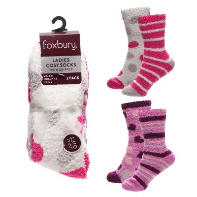 Ladies 2pk Design Cosy Socks With Gripper(12)