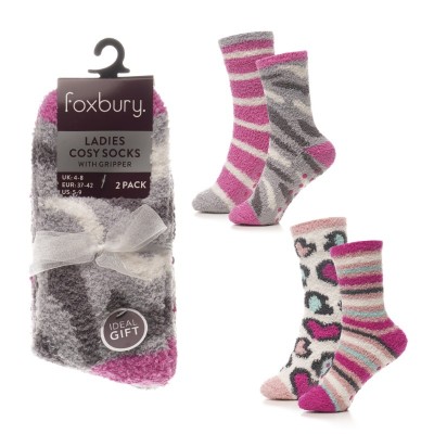 Ladies 2pk Design Cosy Socks With Gripper (12)