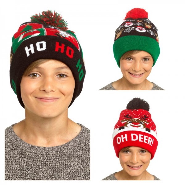 Kids Xmas Hat With LED Light & Pompom (12)- Zero Vat