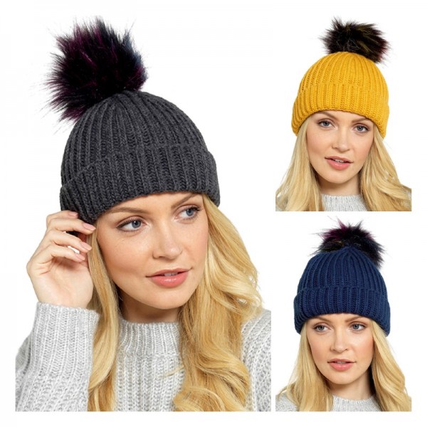 Ladies Chunky Hat With Multicolour Fur Bobble